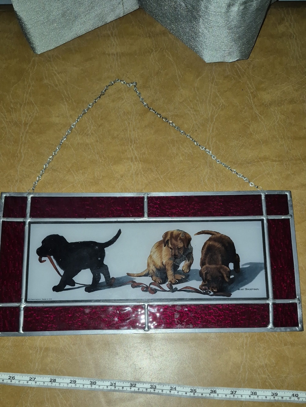 Vintage Glassmasters Usa "Red Tape Puppies" By Artist Amy Brackenbury